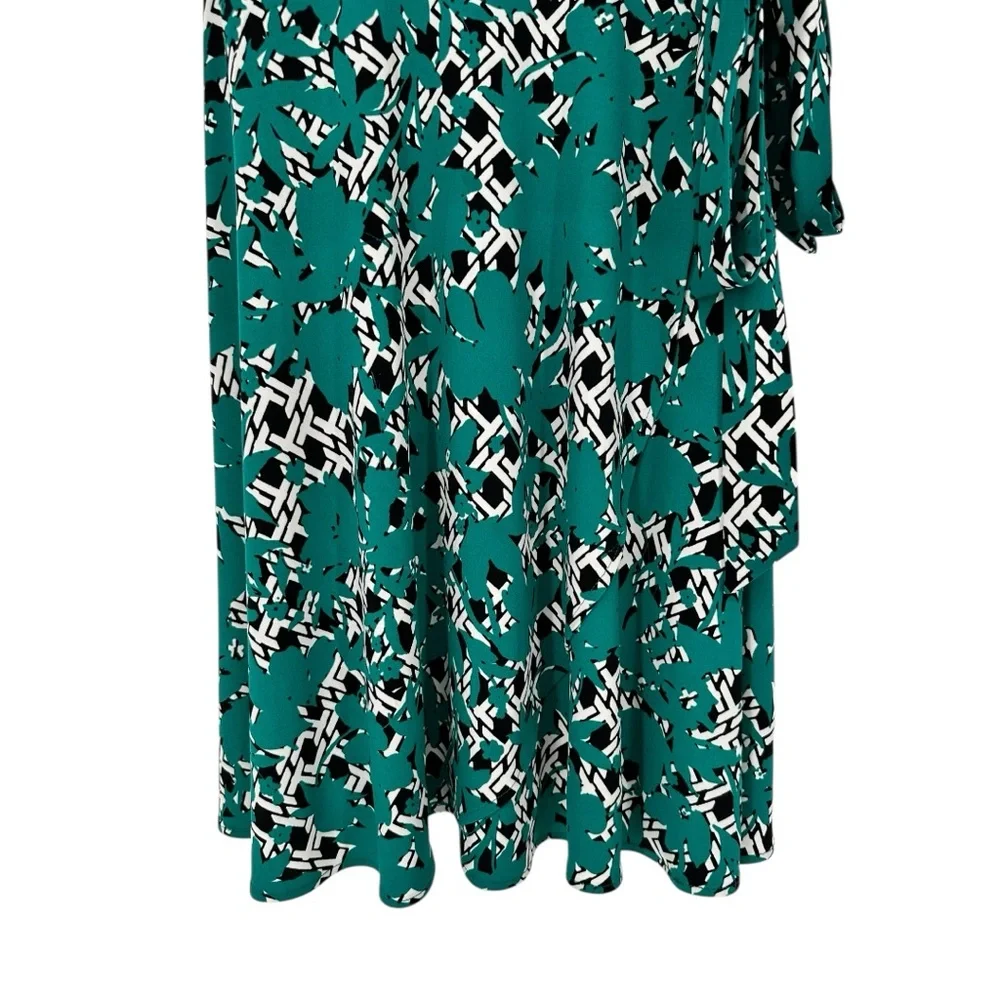 Leota Green Floral Geometric Print Faux Wrap Dress size Petite Small Cap Sleeve - Picture 3 of 10